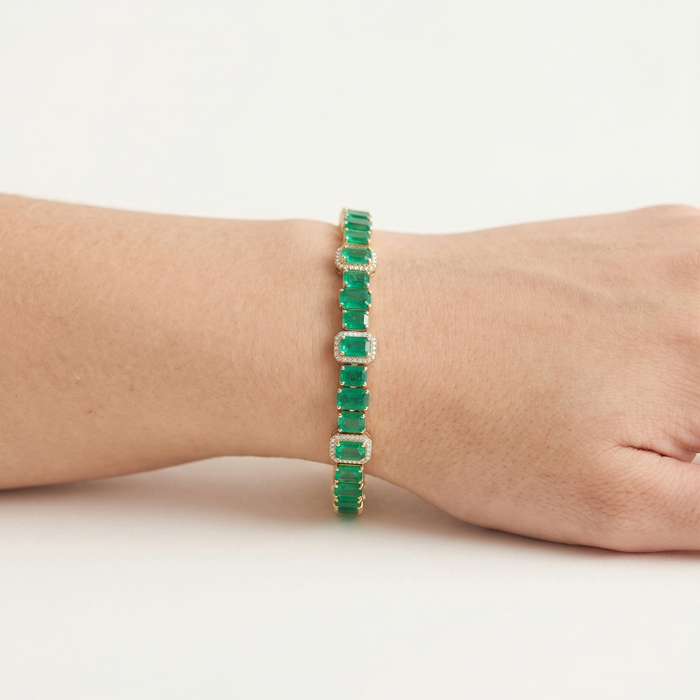 Emerald Diamond Pink Sapphire Tennis Bracelet in 14K Yellow Gold