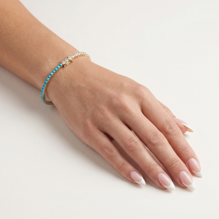 Attractive Turquoise Diamond Tennis Bracelet in 14K Yellow Gold