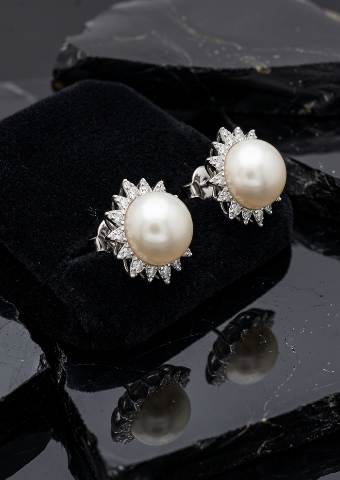 Pearl Halo 14K White Gold Statement Diamond Earrings