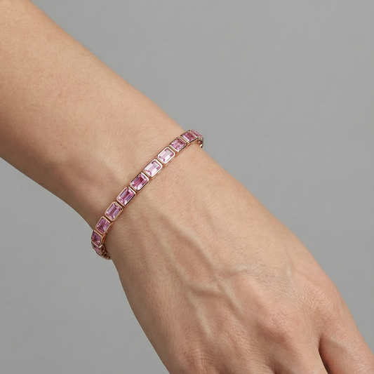 Emerald Cut Pink Sapphire 14K Gold Tennis Bracelet