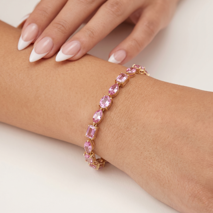 Exquisite Pink Sapphire 14K Yellow Gold Tennis Bracelet