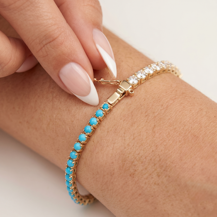 Attractive Turquoise Diamond Tennis Bracelet in 14K Yellow Gold