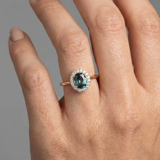 Oval Blue Sapphire Diamond Halo 14K Gold Ring