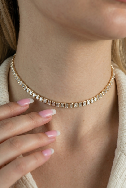 Emerald Cut Diamond Tennis Link Choker in 14K Yellow Gold