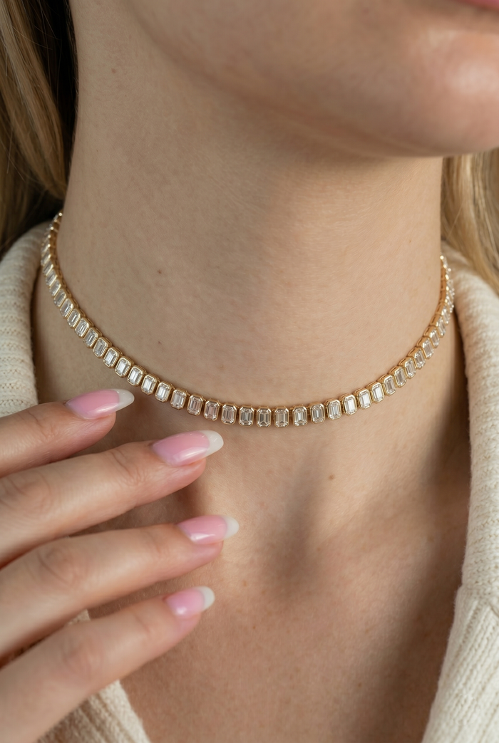 Emerald Cut Diamond Tennis Link Choker in 14K Yellow Gold