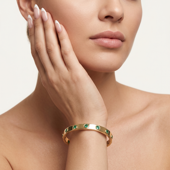 Emerald Bezel-Set 14K Yellow Gold Bangle Bracelet