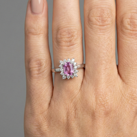 Pink Sapphire Emerald-Cut Diamond Halo Ring in 14K White Gold