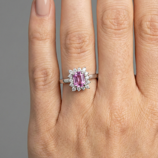 Pink Sapphire Emerald-Cut Diamond Halo Ring in 14K White Gold