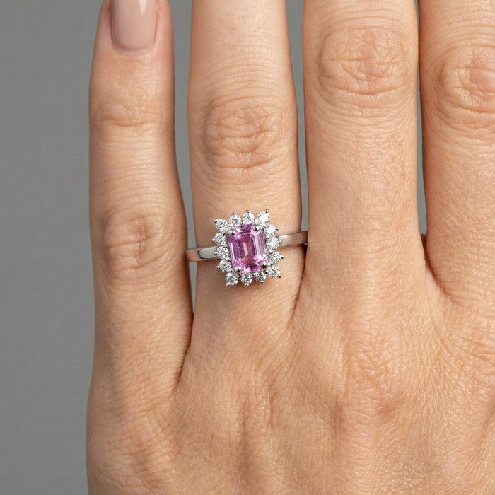 Pink Sapphire Emerald-Cut Diamond Halo Ring in 14K White Gold