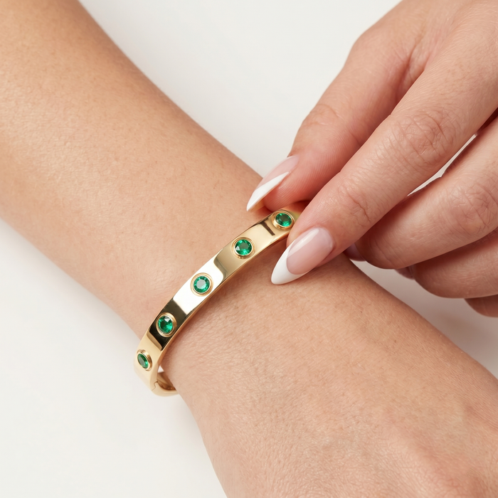 Emerald Bezel-Set 14K Yellow Gold Bangle Bracelet