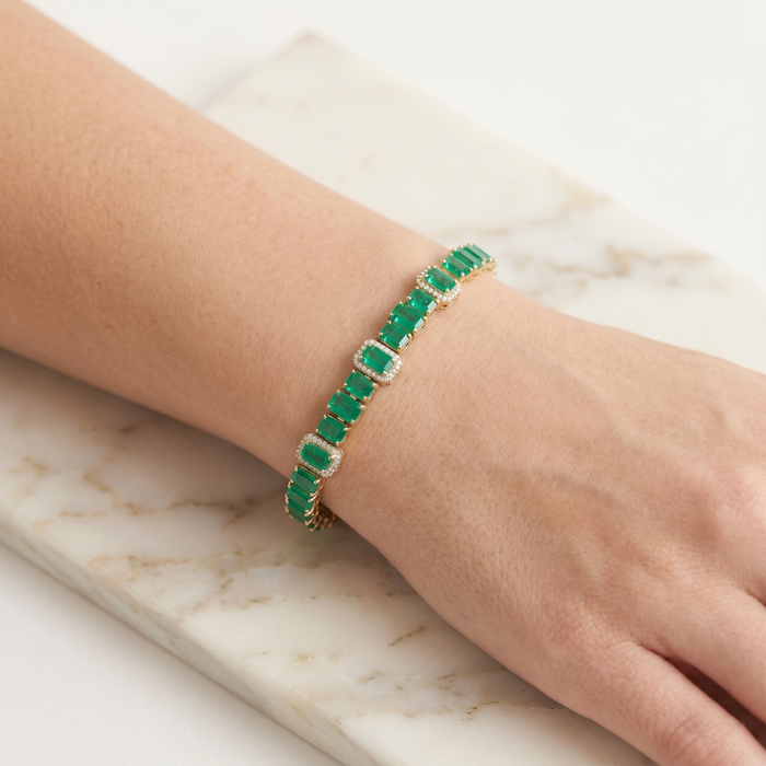 Emerald Diamond Pink Sapphire Tennis Bracelet in 14K Yellow Gold