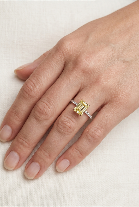 Yellow Emerald Cut Micro Pave Engagement Ring in 14K Gold