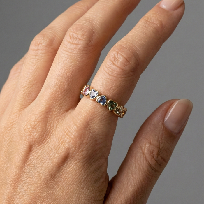 Heart-Shaped Multicolor 14K Sapphire Eternity Band Ring
