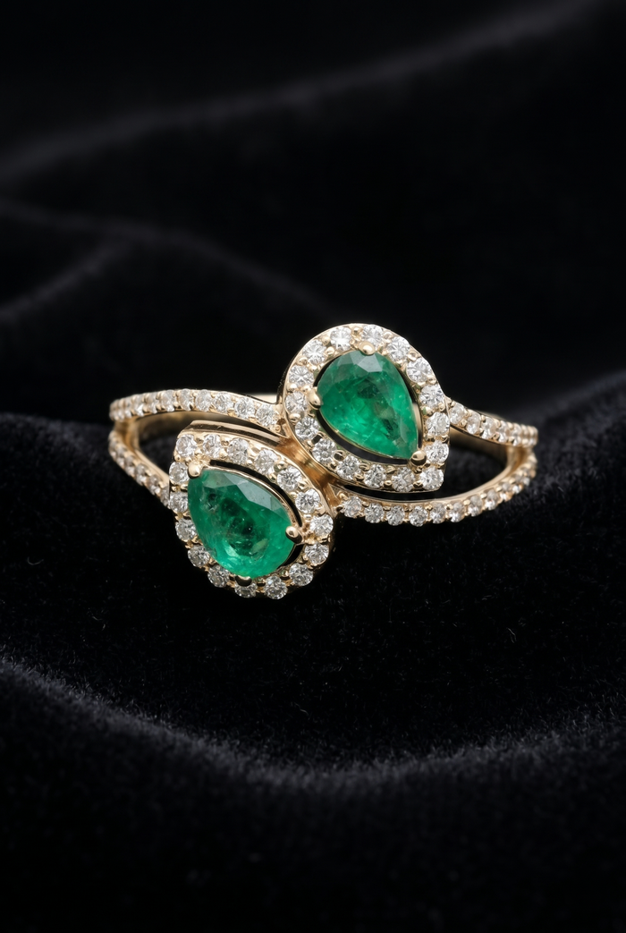 Twin Pear-Cut Emerald 14K Yellow Gold Diamond Bypass Ring