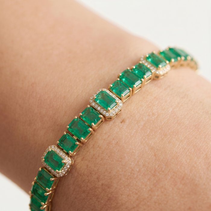 Emerald Diamond Pink Sapphire Tennis Bracelet in 14K Yellow Gold
