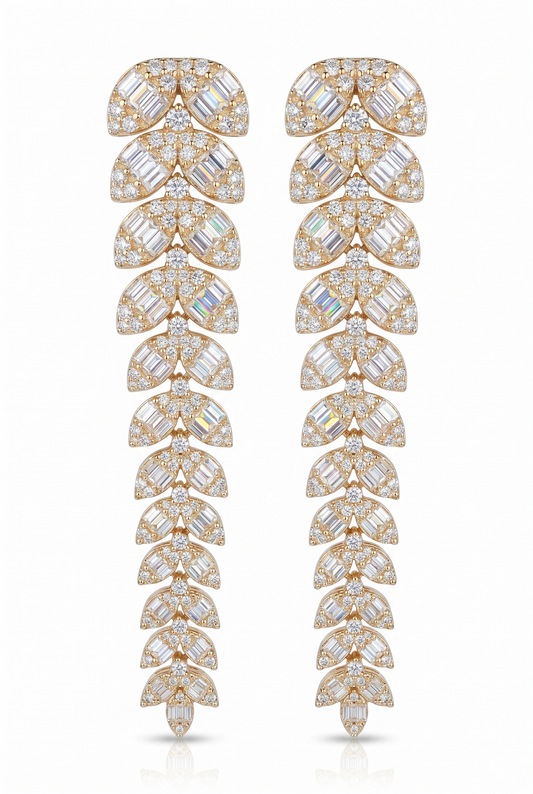 Small Leaf Long Drop Earrings in 14K Yellow Gold