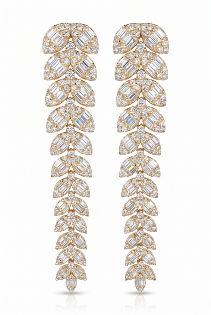 Small Leaf Long Drop Earrings in 14K Yellow Gold