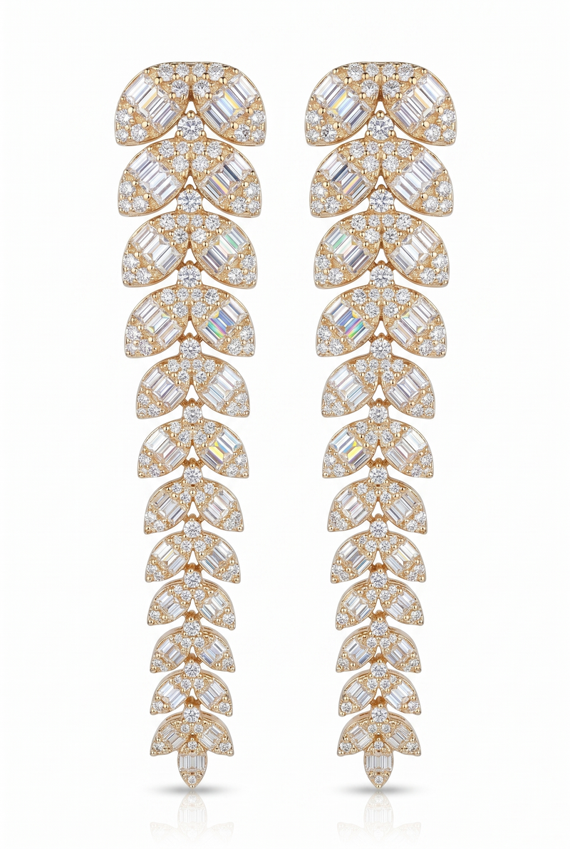 Small Leaf Long 14K (or 18k upon request) Yellow Gold Drop Earrings