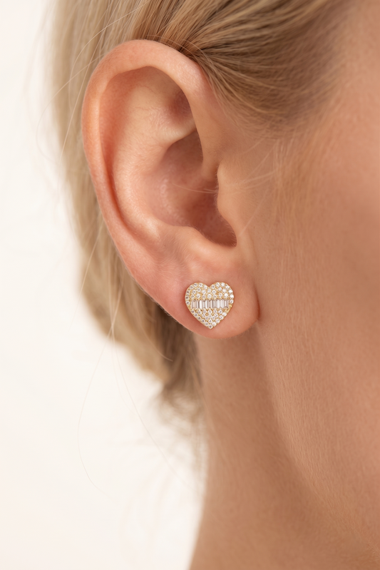 Pave Diamond Heart Stud Earrings in 14K Yellow Gold