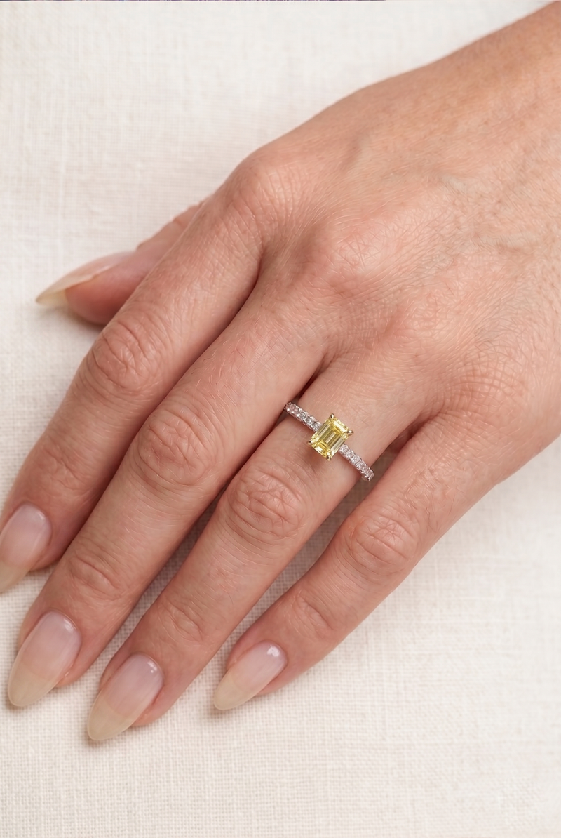 Yellow Emerald Cut Micro Pave 14K (or 18k upon request) Gold Engagement Ring