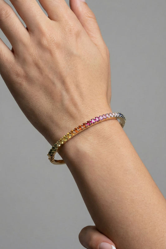 Aurora Rainbow Sapphire 14K Yellow Gold Hinged Bangle