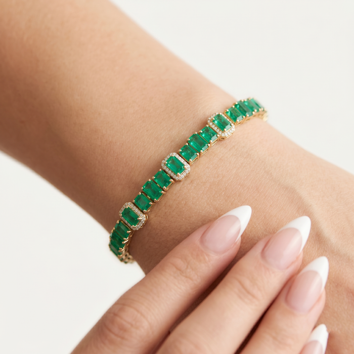 Emerald Diamond Pink Sapphire Tennis Bracelet in 14K Yellow Gold