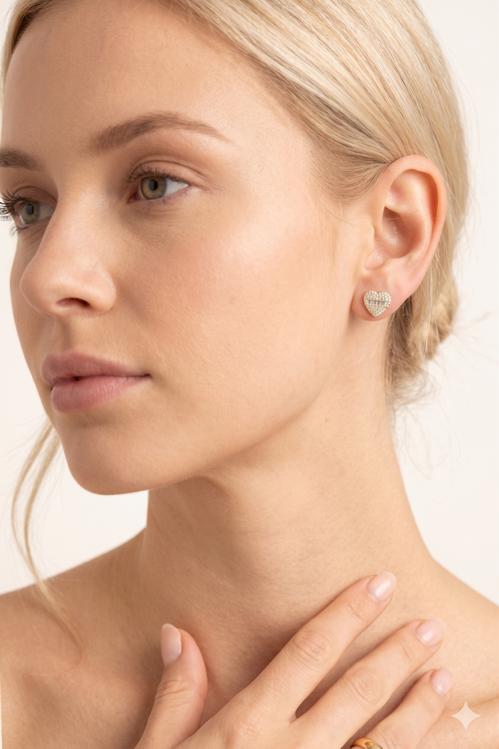 Pave Diamond Heart Stud Earrings in 14K Yellow Gold