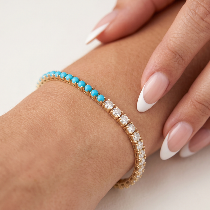 Attractive Turquoise Diamond Tennis Bracelet in 14K Yellow Gold