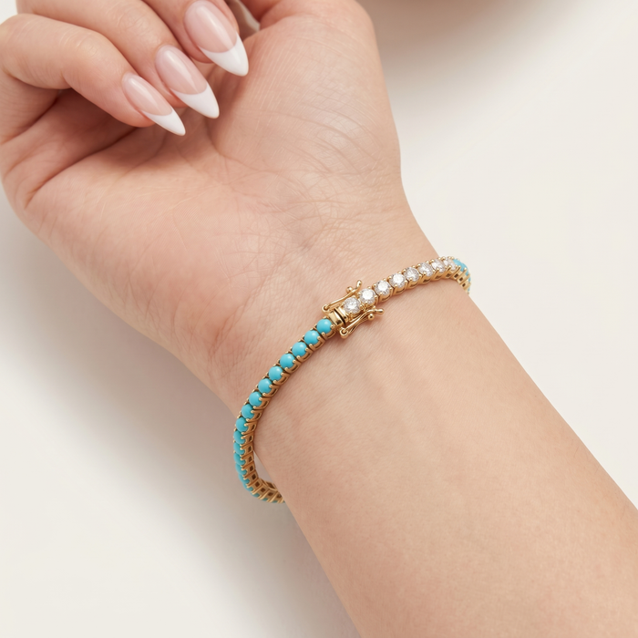 Attractive Turquoise Diamond Tennis Bracelet in 14K Yellow Gold