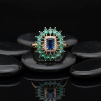 Blue Sapphire Emerald 14K Halo Cocktail Ring