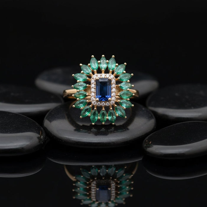 Blue Sapphire Emerald 14K Halo Cocktail Ring