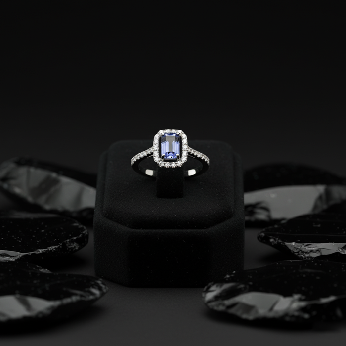 Azure Promise Blue Tanzanite Diamond Halo Ring in 18K White Gold