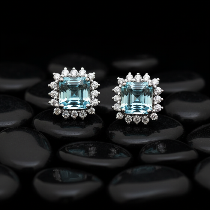 Ice Bloom Aquamarine & Diamond Stud Earrings in 18K White Gold