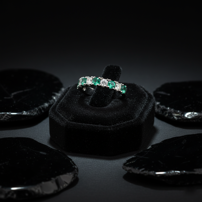 Verdant Line Emerald & Diamond Eternity Band Ring in 18K White Gold