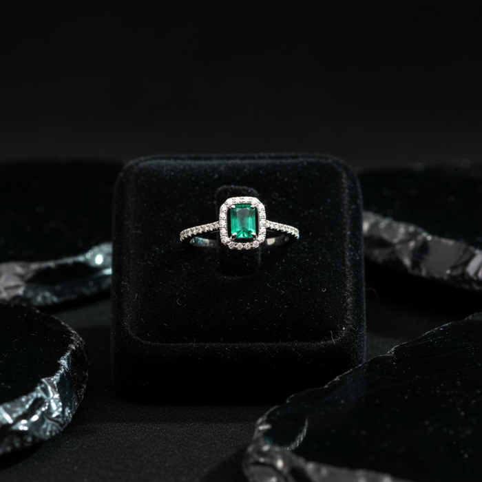Emerald Poise Diamond Halo Ring in 18K White Gold