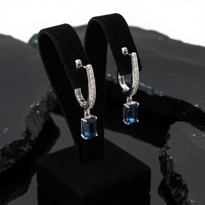 Azure Edge Blue Sapphire Diamond Drop Earrings in 18K White Gold