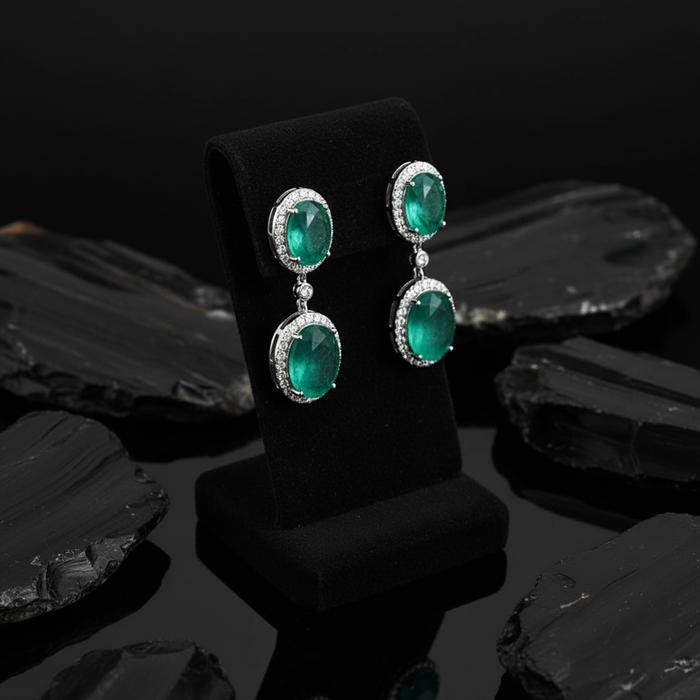 Royal Bloom Emerald Diamond Drop Earrings in 18K White Gold