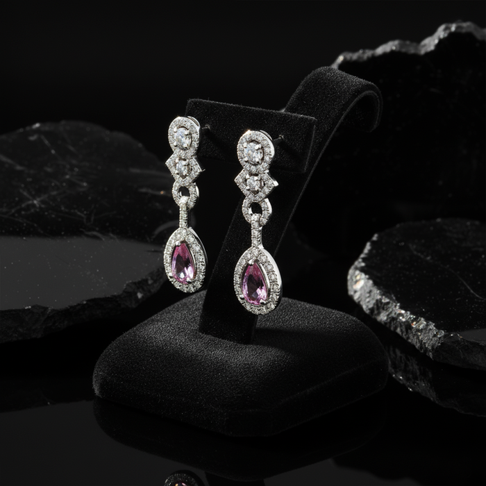 Petal Empress Pink Sapphire Diamond Drop Earrings in 18K White Gold
