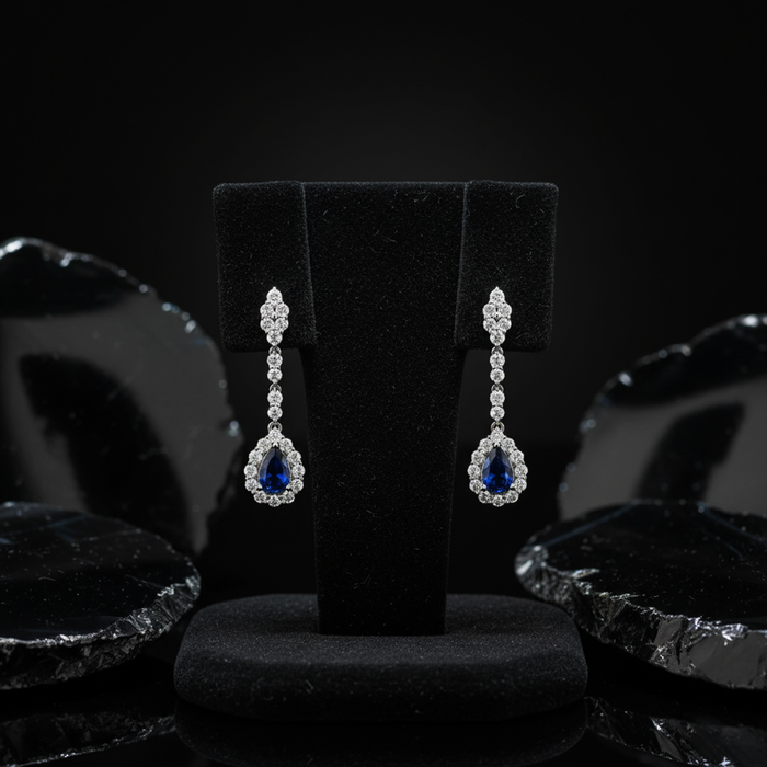 Regal Blue Sapphire Diamond Drop Earrings in 18K White Gold