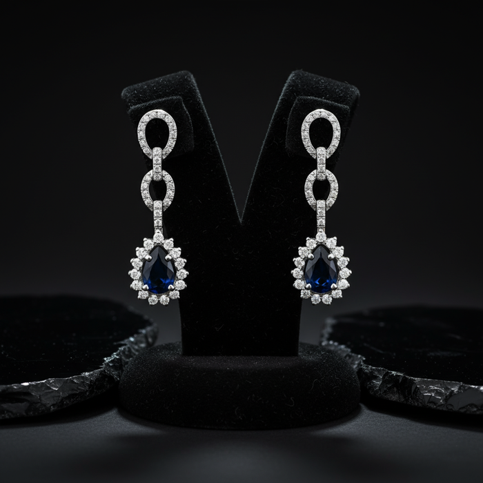 Imperial Blue Sapphire Diamond Drop Earrings in 18K White Gold