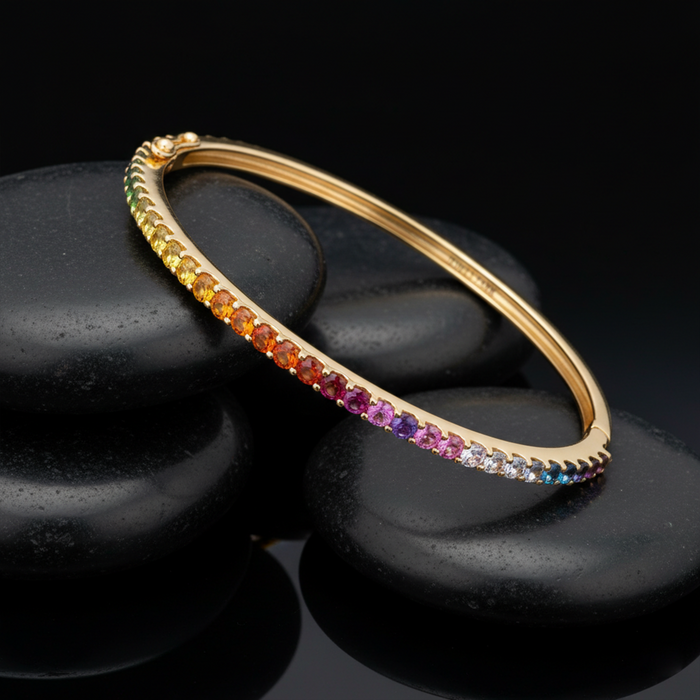 Aurora Rainbow Sapphire 14K Yellow Gold Hinged Bangle