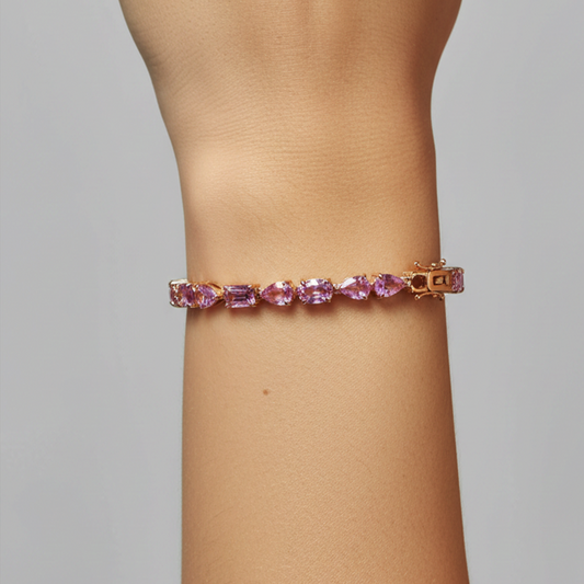 Exquisite Pink Sapphire 14K Yellow Gold Tennis Bracelet