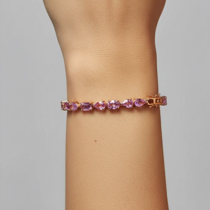 Exquisite Pink Sapphire 14K Yellow Gold Tennis Bracelet