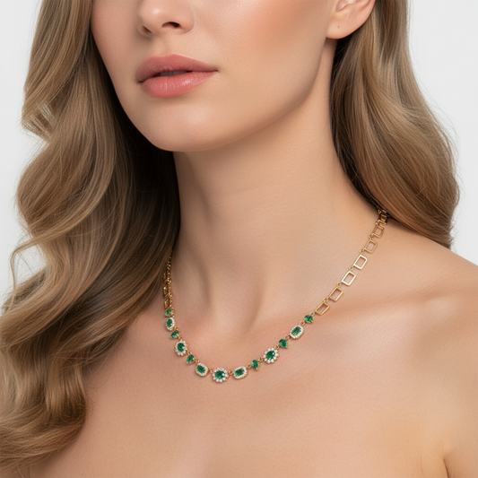 Gemstone Emerald 14K (or 18k upon request) Yellow Gold Diamond Link Necklace