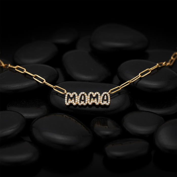 Mama Letter Pendant Diamond Paperclip Necklace in 14K Gold