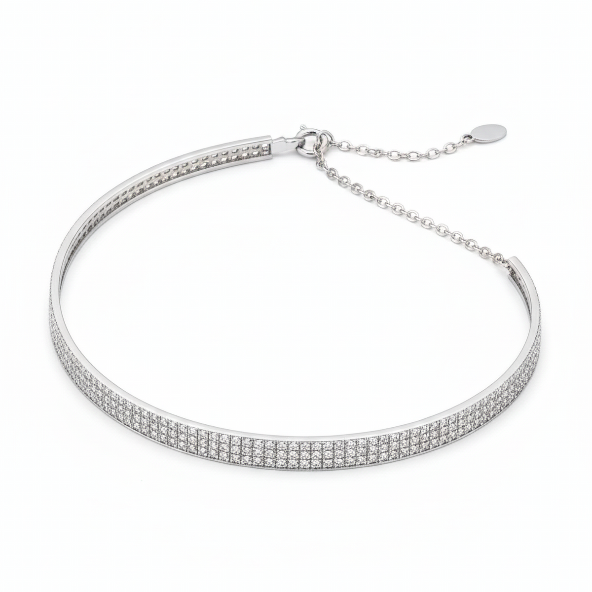 Triple Row Pave Set Diamond Necklace in 18K White Gold
