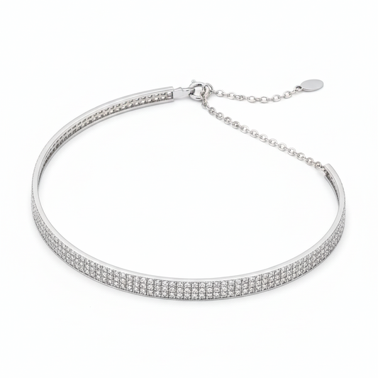 Triple Row Pave Set Diamond Necklace in 18K White Gold