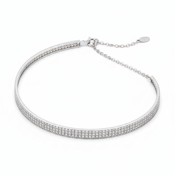 Triple Row Pave Set Diamond Necklace in 18K White Gold