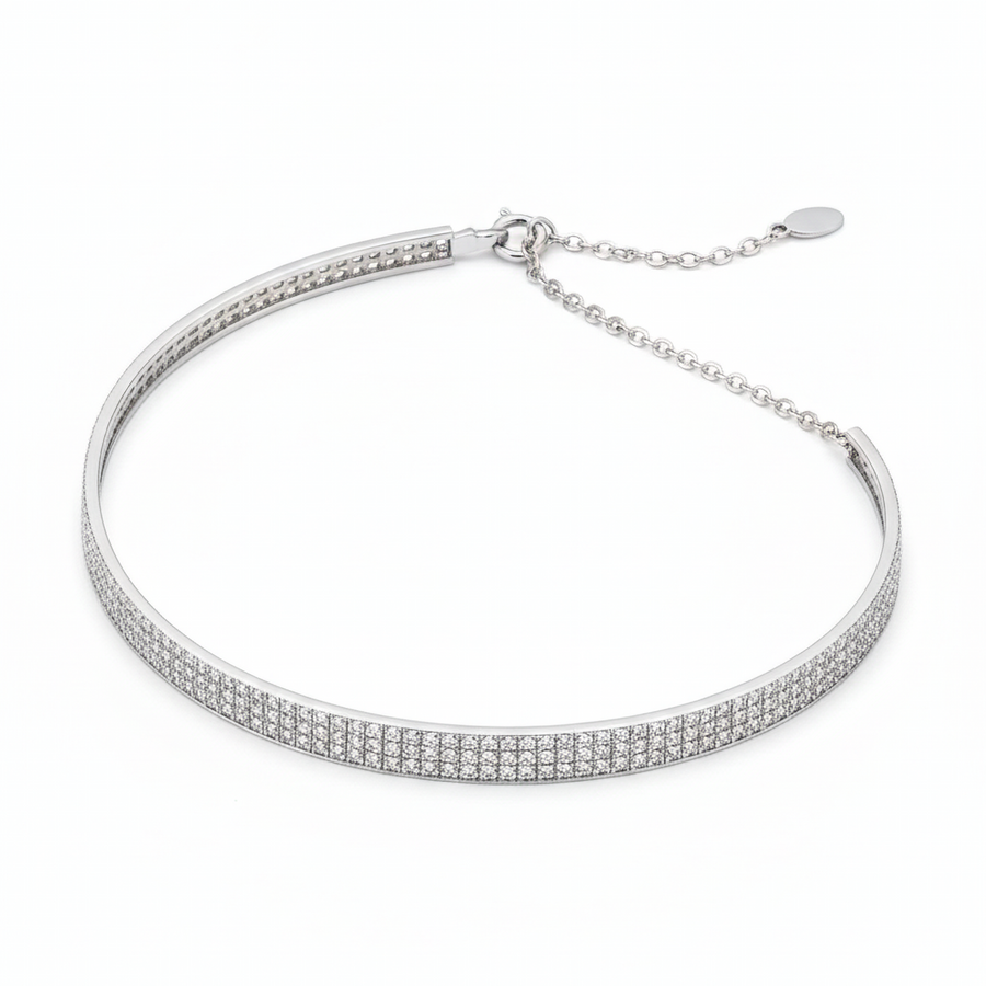 Triple Row Pave Set Diamond Necklace in 18K White Gold