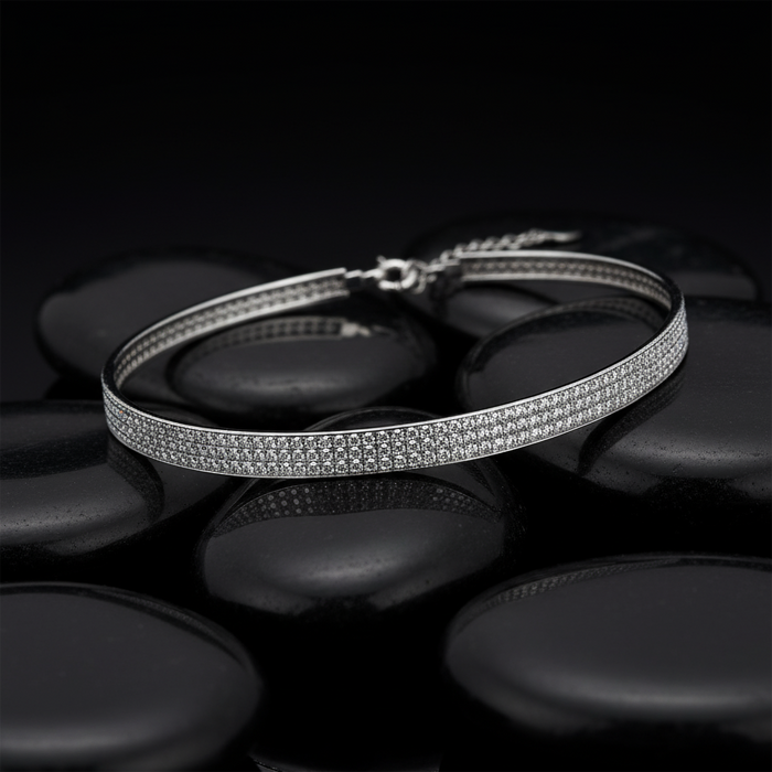 Triple Row Pave Set Diamond Necklace in 18K White Gold